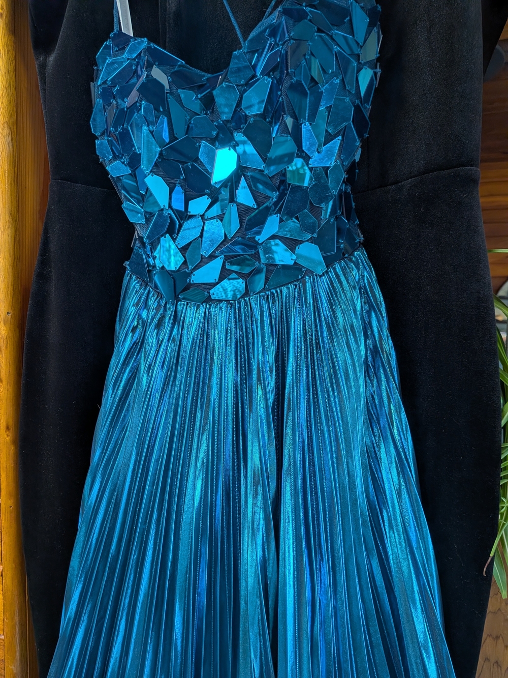 Jovani Metallic Teal Mirrored Bodice Pleated Prom Gown